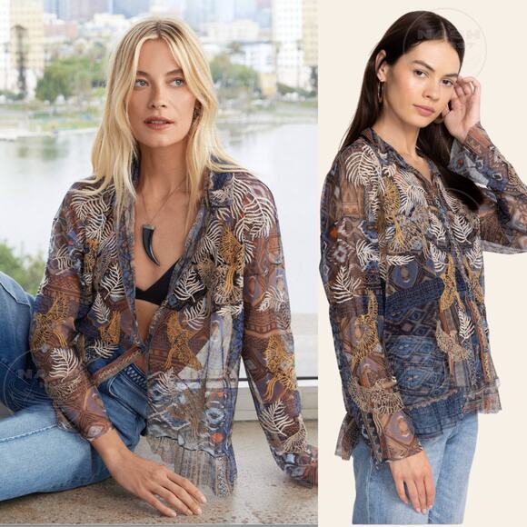 Johnny Was Noemie Mesh Blue Blouse L | Embroidered Phoenix Bird Sheer Top NWOT - Picture 2 of 10